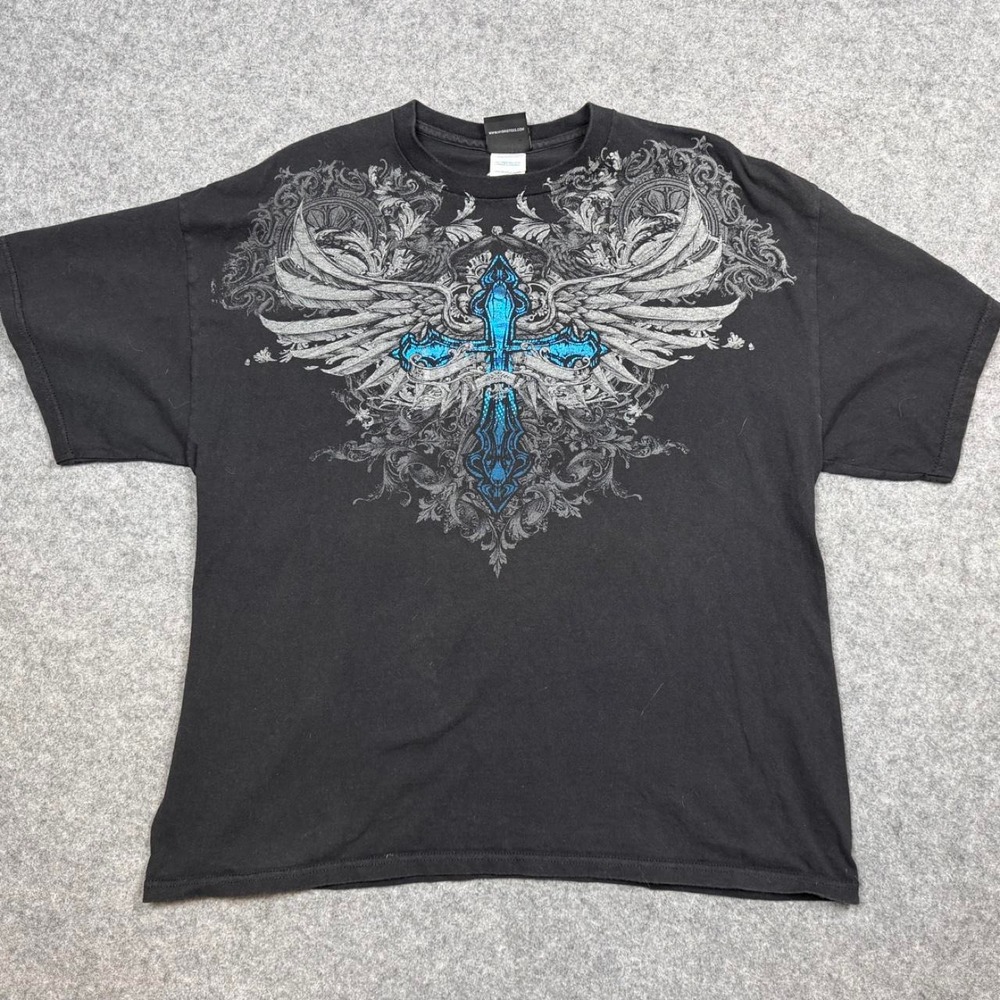Mens y2k Hyrbid Tees black grahpic tee ornate wings cross